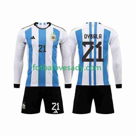 Argentina 3 Stars Paulo Dybala 21 Děti Fotbalový dres Domácí Mistrovství světa 2022 Dlouhý rukáv